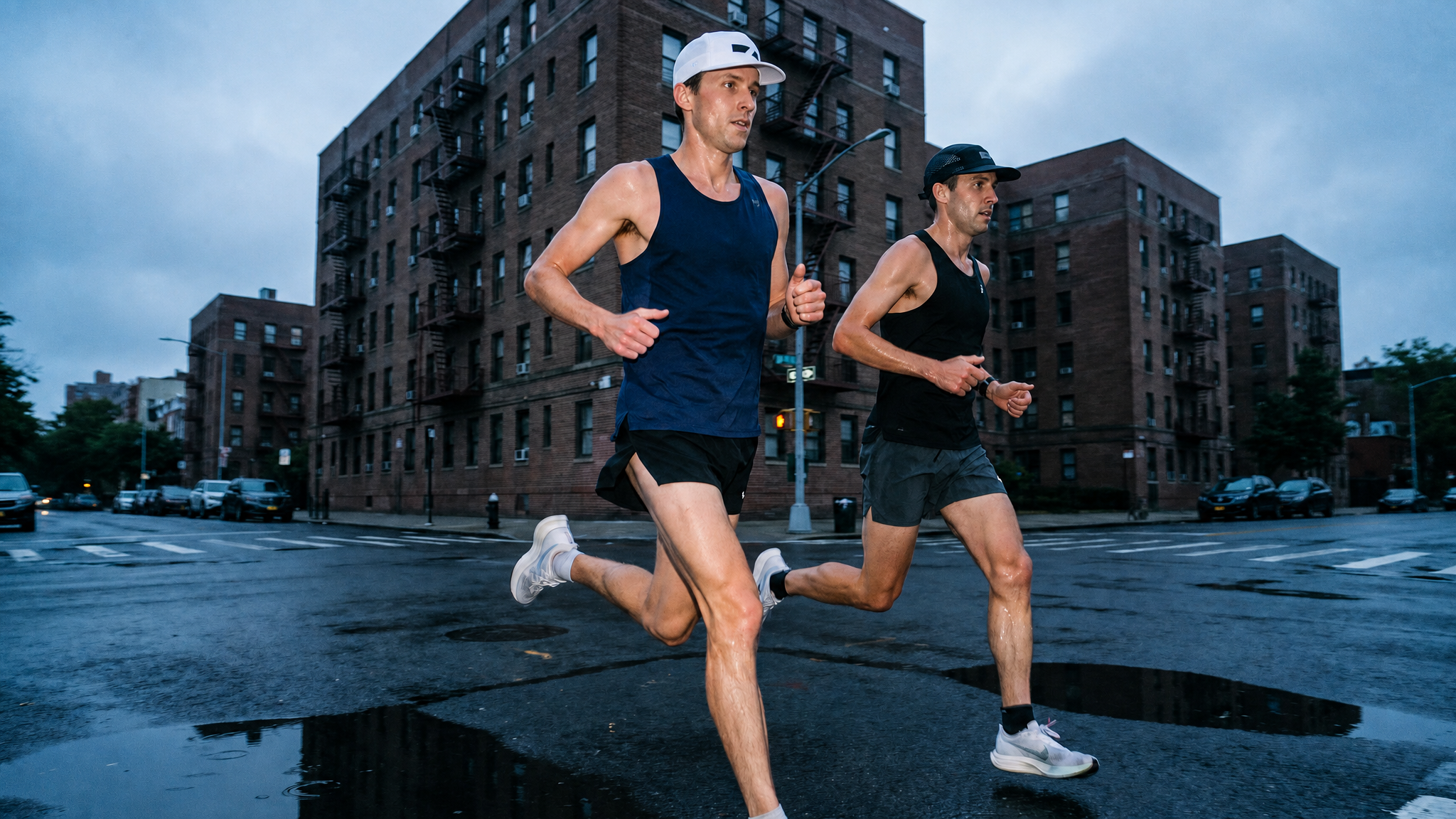 Two male runners jogging on a wet city street with brick apartment buildings in the background under an overcast sky.